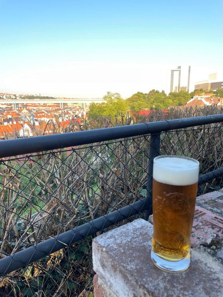 Radegast 10° lager in logoed glass at Na Hradbách beer garden with city of Prague in background
