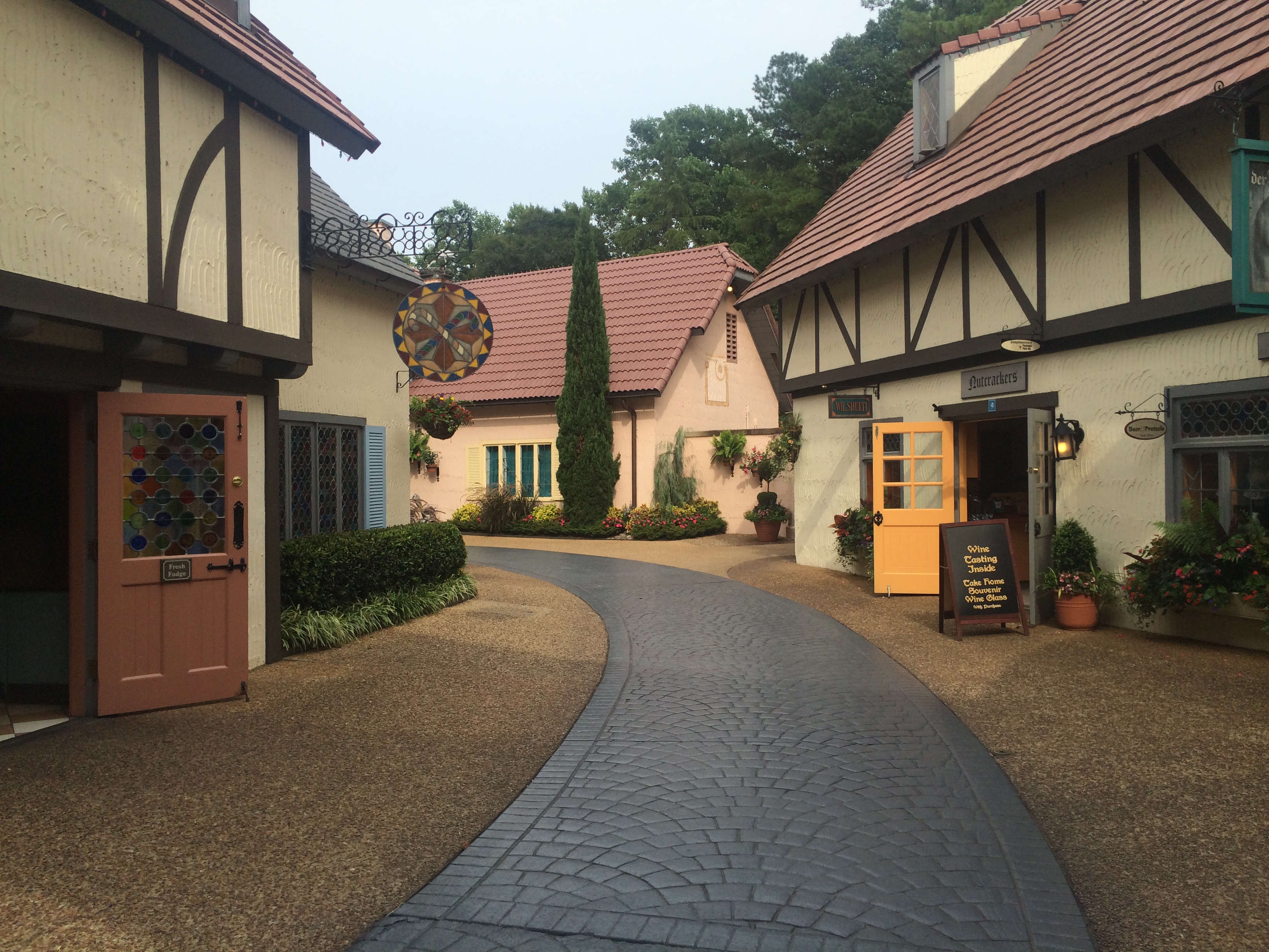 Brick path between buildings in the Rhinefeld (German) section of Busch Gardens Williamsburg