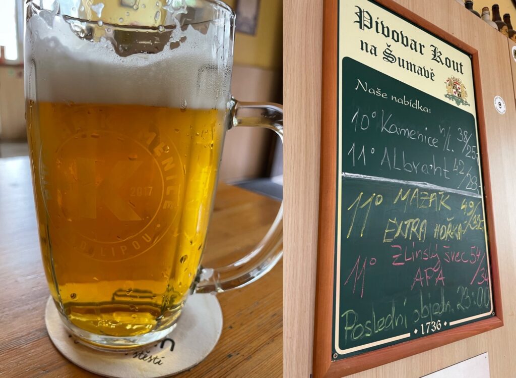 Half liter glass mug of Kamenická 10; chalkboard beer menu