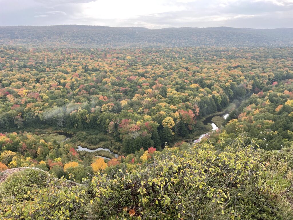 View from the ridge above of the Big Carp River and surrounding trees in various stages of color change